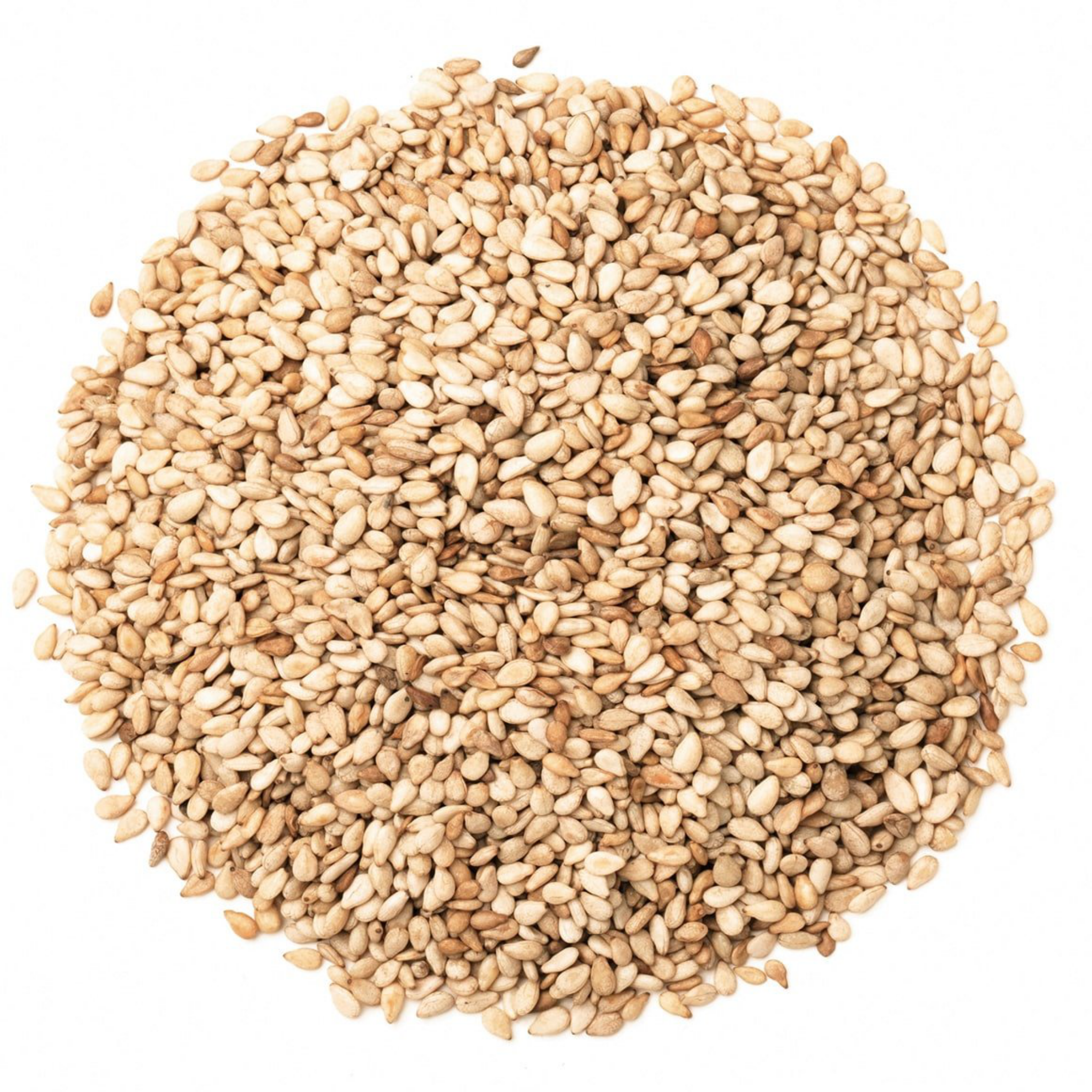 Pile of sesame seeds on a white background