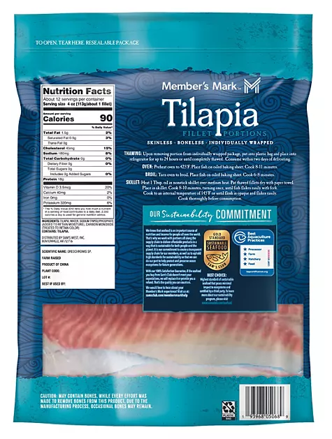 Skinless & Boneless Tilapia Fillet Portions, Frozen, 3lbs